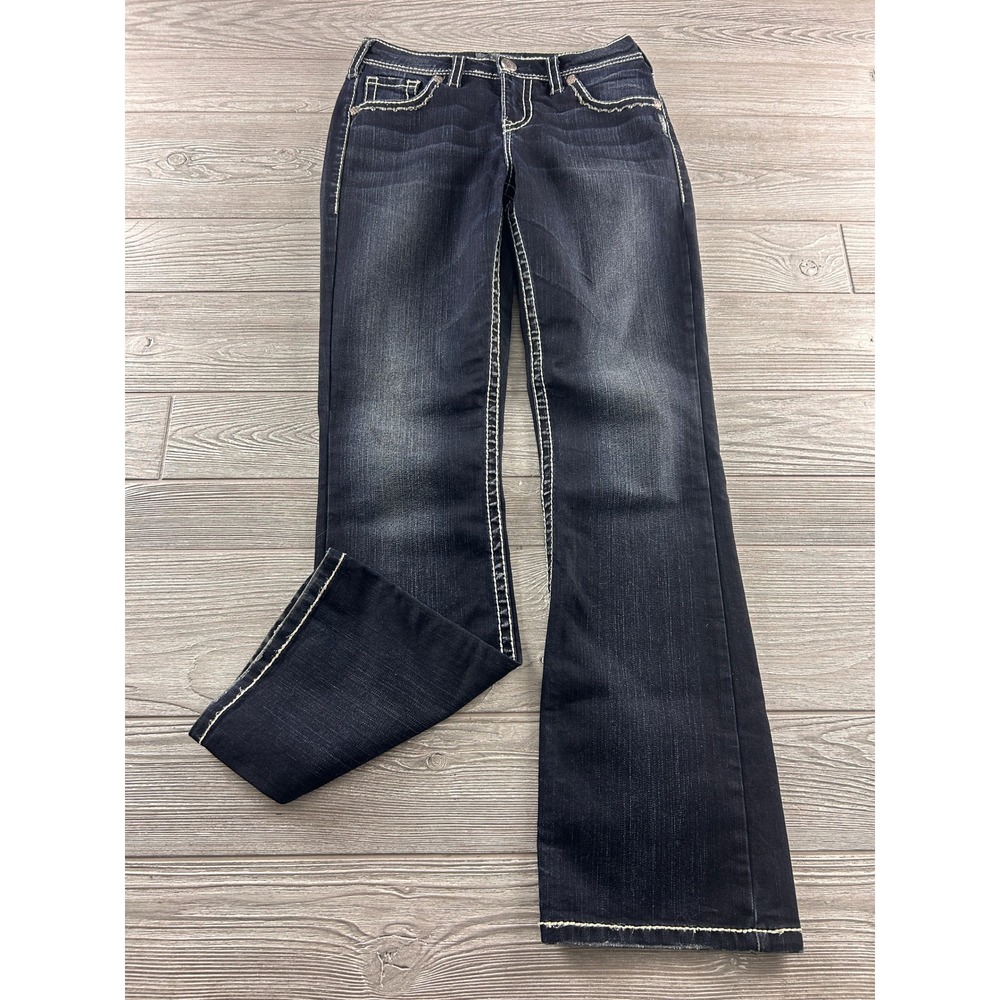 Silver Jeans Co Natsuki Flap Dark Wash Contrast Stitch Flare Jeans Womens 28x31
